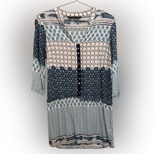 Zara White and Blue Patterned Button-Front Tunic Dress